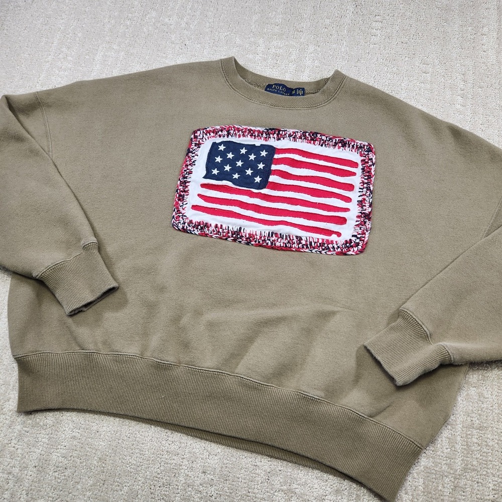 Polo Ralph Lauren Sweatshirt Women XS Oversized Flag Patch USA Cotton Fleece
